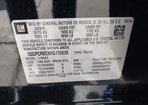 2015 Chevrolet Silverado 1500 1Lt from USA, damaged, VIN 3GCPCRECXFG172635